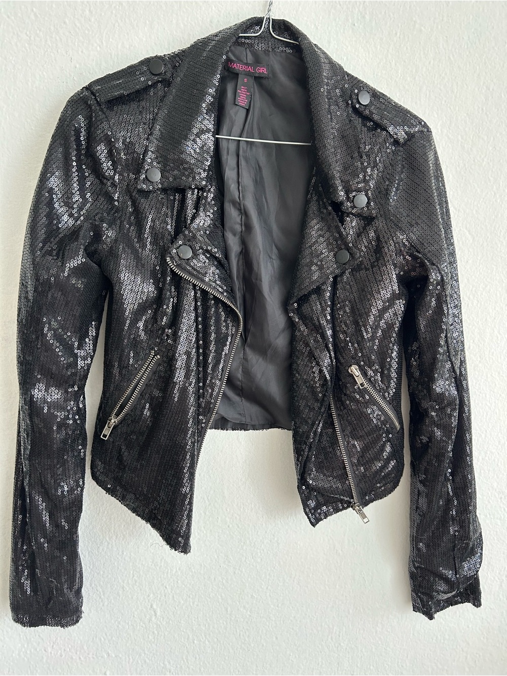 Material Girl Black Sequin Moto Jacket - Shimmering Biker Style